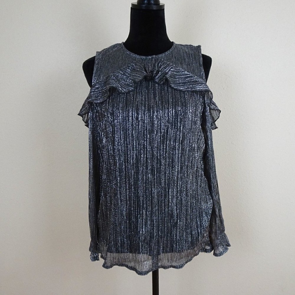 Anne Klein Cold Shoulder Top Women's Plus Size 1X Silver Black Ruffled Party